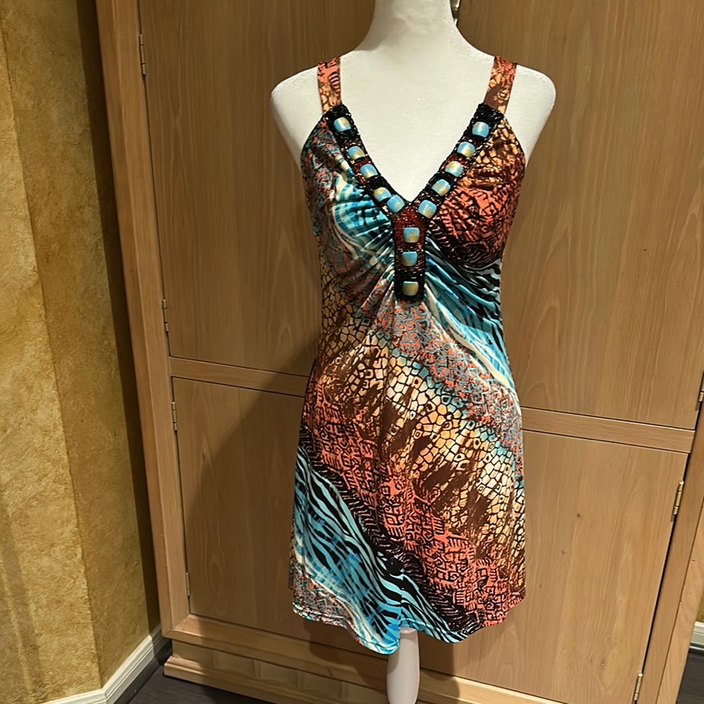 Multicolor Sleeveless Dress with V-Neck